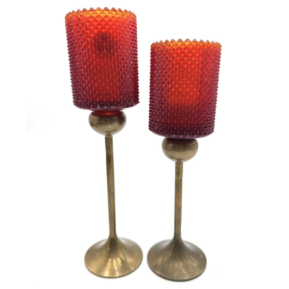 MCM Diamond Point Amberina UV Glow Peg Votive Candle Holders Faroy USA Pair 60s